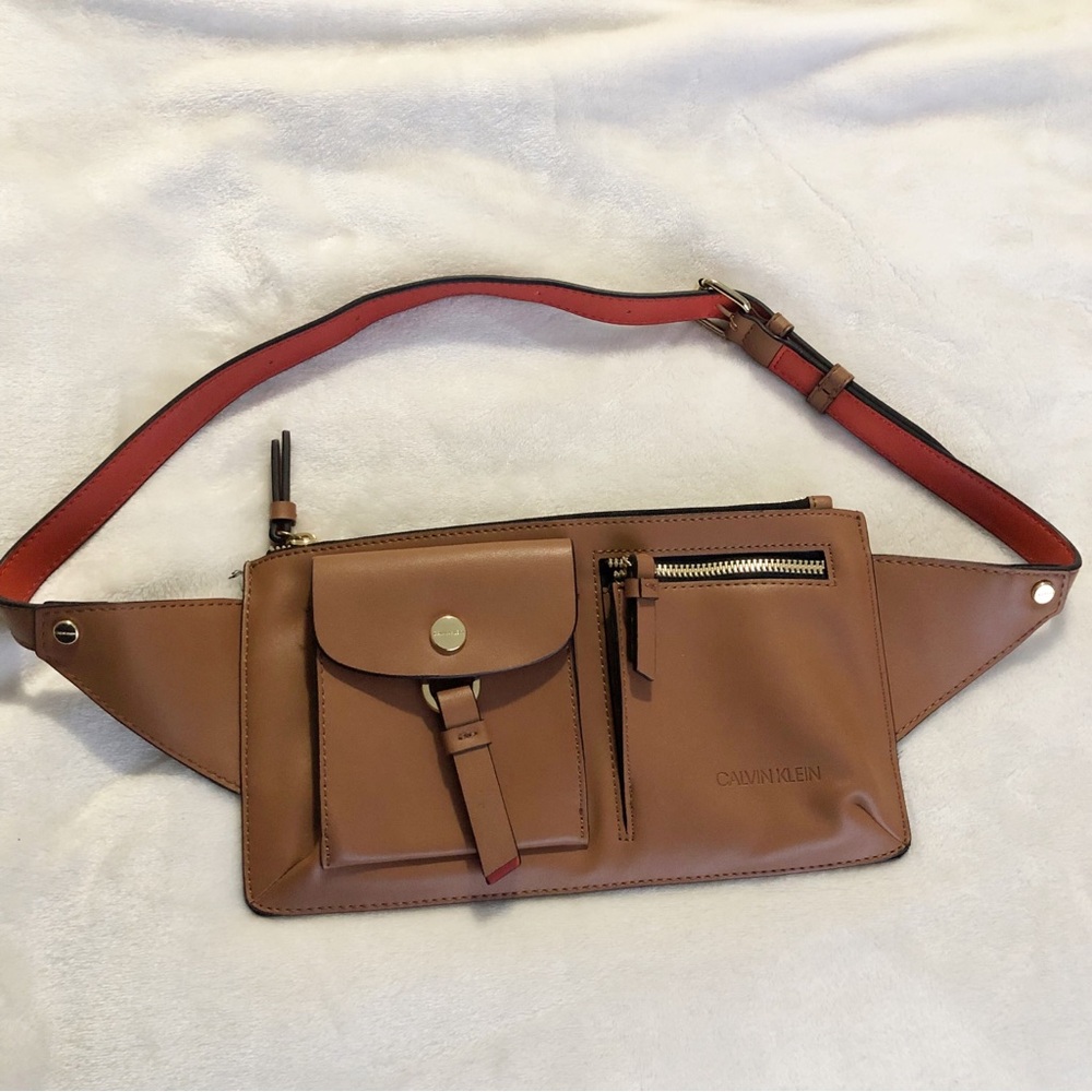 Calvin Klein Brown Crossbody Belt Bag with Red-Trim Strap